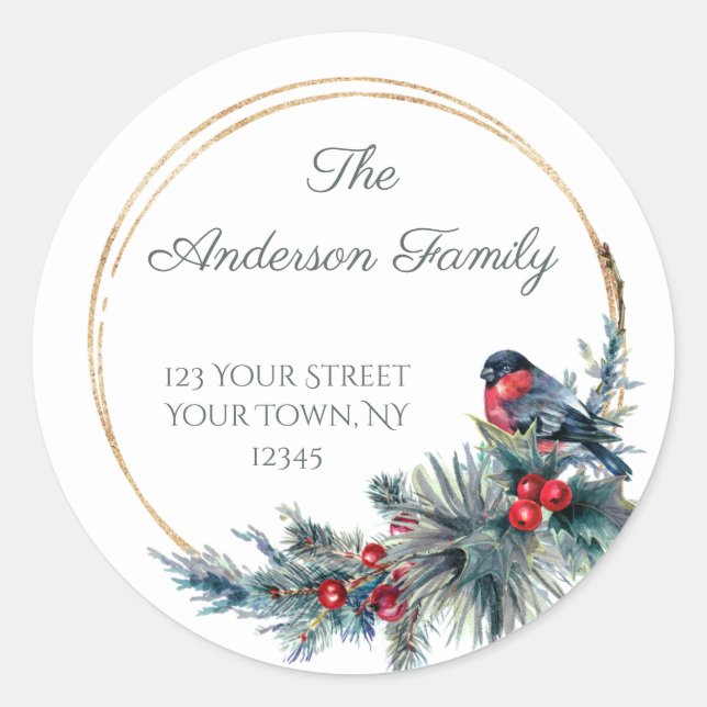 Vintage Winter Bird Pine Address Classic Round Sticker (Front)
