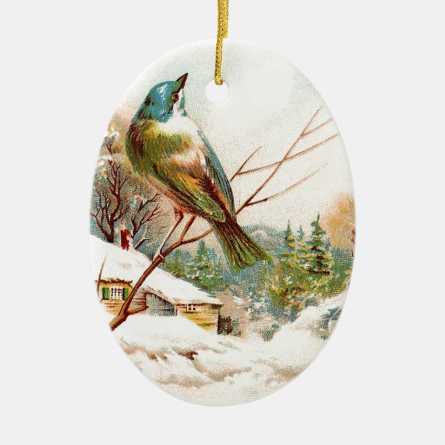 Vintage Winter Blue bird Ceramic Ornament (Front)