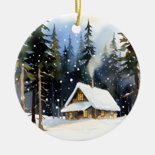 Vintage Winter Cabin Watercolor Christmas Ceramic Ornament
