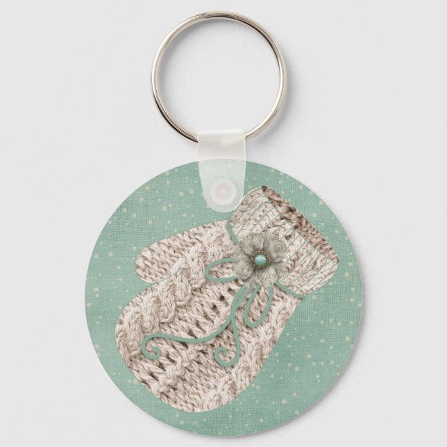 Vintage winter cable knit mitten grey blue keychain (Front)