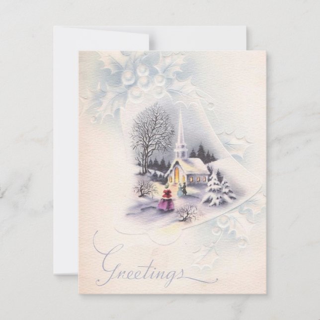 Vintage Winter Christmas Church Bell Greetings Holiday Card (Front)
