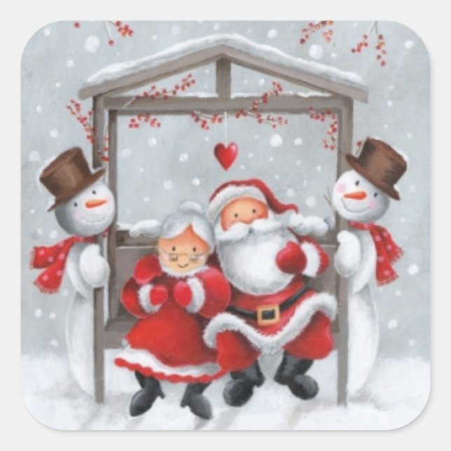 Vintage Winter Christmas Santa and Snowman Square Sticker (Front)