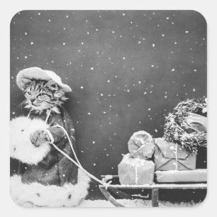 Vintage Winter Christmas Santa Cat with Sleigh Square Sticker