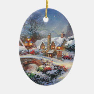 Vintage Winter Christmas Village Ceramic Ornament