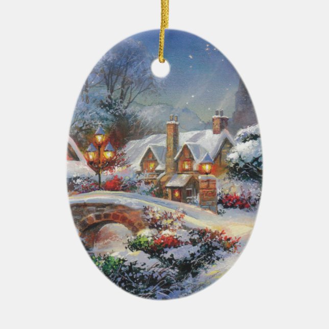 Vintage Winter Christmas Village Ceramic Ornament (Front)