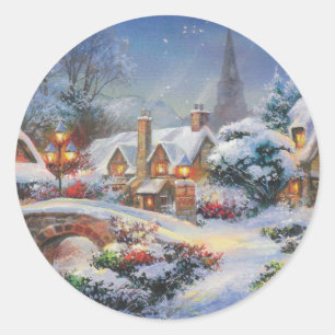Vintage Winter Christmas Village Classic Round Sticker
