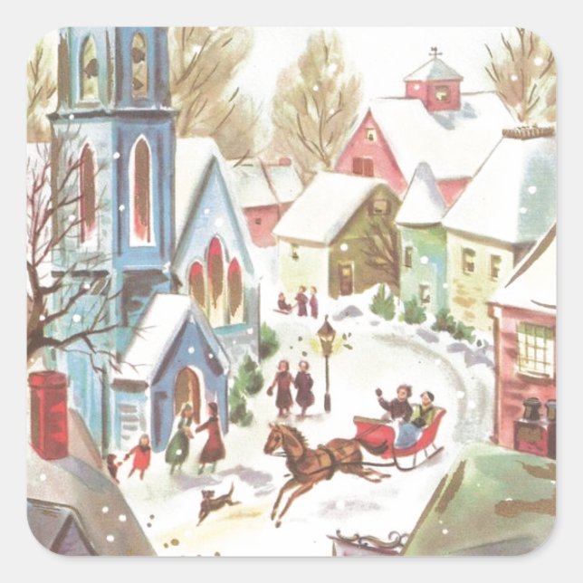 Vintage Winter Christmas Village Scene Square Sticker (Front)
