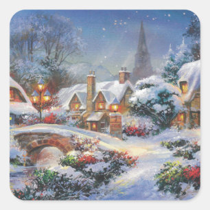 Vintage Winter Christmas Village Square Sticker