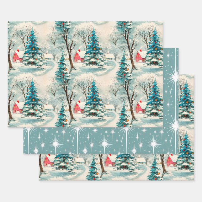 Vintage Winter Christmas Village Wrapping Paper Sheet (Set)