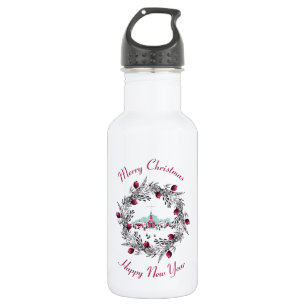 Vintage Winter Church Scene with Christmas Wreath 532 Ml Water Bottle