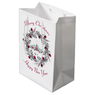 Vintage Winter Church Scene with Christmas Wreath Medium Gift Bag