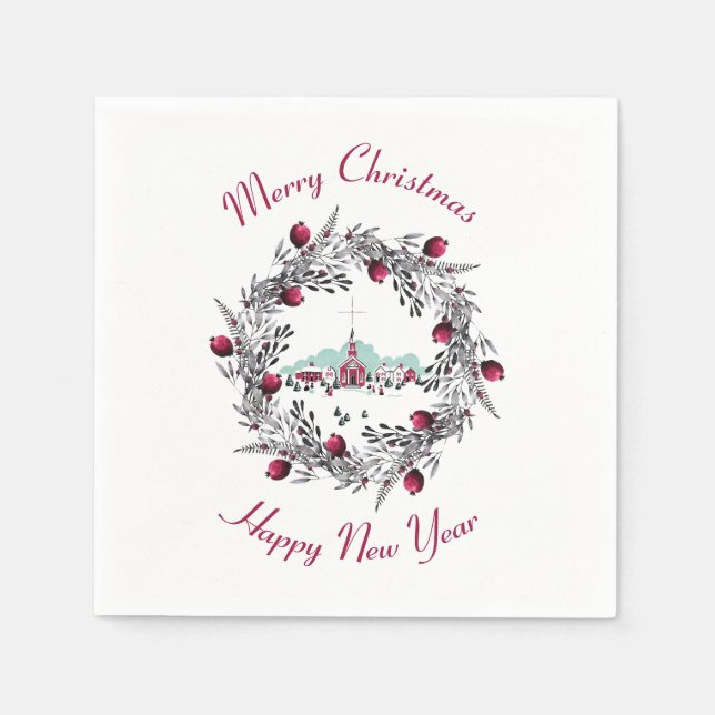 Vintage Winter Church Scene with Christmas Wreath Napkin (Front)