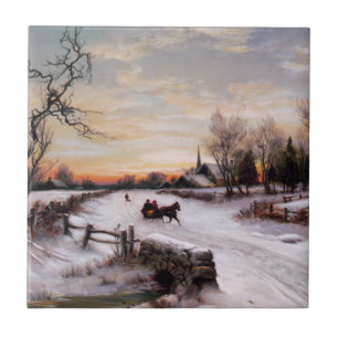 Vintage Winter Country Scene Christmas Gift Tile