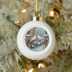 Vintage Winter Doves at Lantern-Lit Gate Christmas Ceramic Ball Christmas Ornament