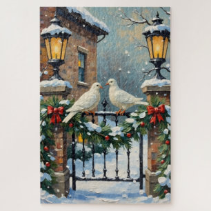 Vintage Winter Doves at Lantern-Lit Gate Christmas Jigsaw Puzzle