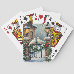 Vintage Winter Doves at Lantern-Lit Gate Christmas Playing Cards