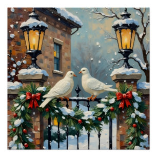 Vintage Winter Doves at Lantern-Lit Gate Christmas Poster