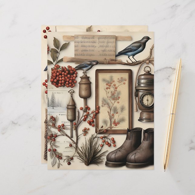 Vintage Winter Ephemera Scrapbook Paper (Front/Back In Situ)