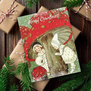 Vintage Winter Fairies under Mushroom Christmas  Postcard