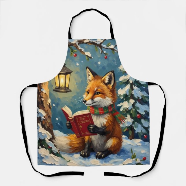 Vintage Winter Fox Reading by Lantern Light Apron (Front)