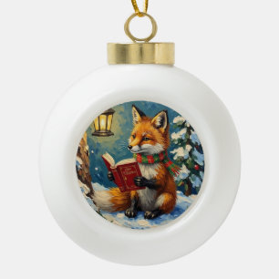 Vintage Winter Fox Reading by Lantern Light Ceramic Ball Christmas Ornament