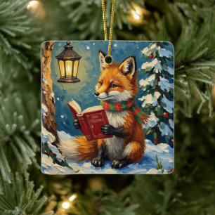 Vintage Winter Fox Reading by Lantern Light Ceramic Ornament