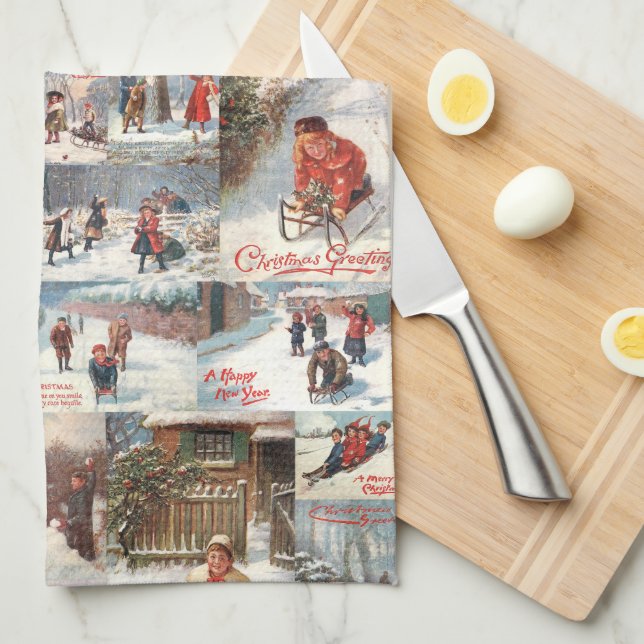 Vintage Winter Fun Christmas Collage Kitchen Towel (Quarter Fold)