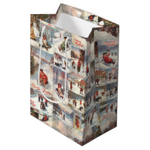 Vintage Winter Fun Christmas Collage Medium Gift Bag