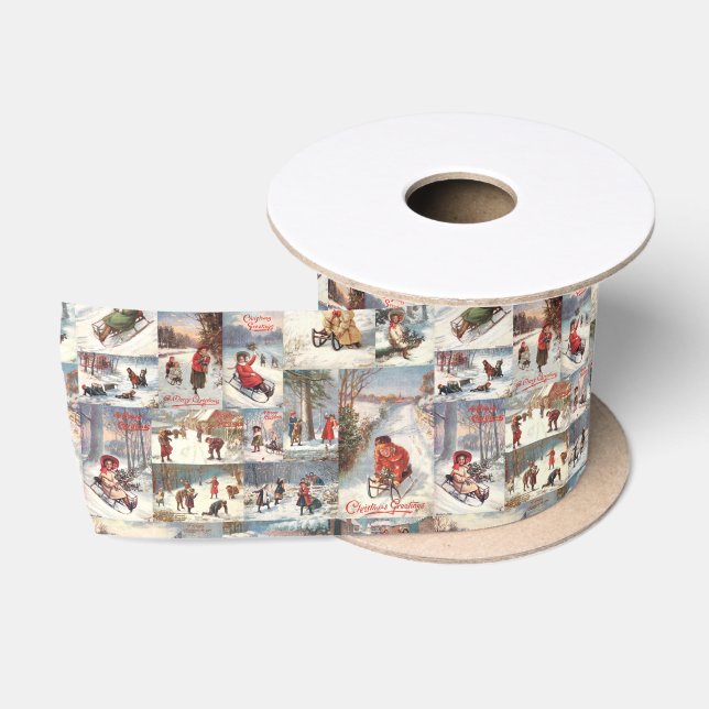 Vintage Winter Fun Christmas Collage Satin Ribbon (Spool)