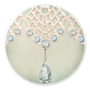 Vintage winter lace teal rhinestones victorian ce ceramic knob