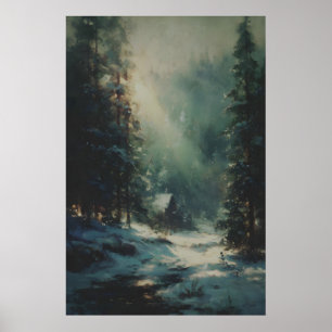 Vintage Winter Pine Forest Print, Rustic Snowy Poster