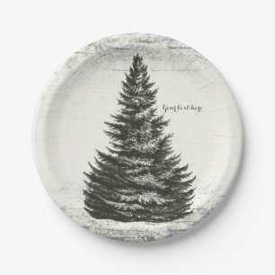 Vintage Winter Pine Tree Rustic Wood Elegant Party Paper Plate