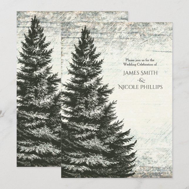 Vintage Winter Pine Tree Rustic Wood Wedding Invitation (Front/Back)