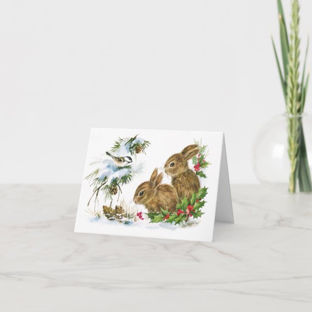 Vintage Winter Rabbits Christmas Card (Front)