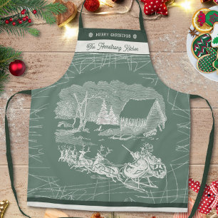 Vintage Winter Sage Green Santa Sleigh Christmas Apron