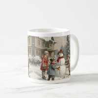 Vintage Winter Scene: Children Building a Snowman