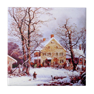 Vintage Winter Scene. Christmas Gift Tile