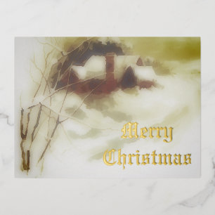 vintage winter scene foil holiday postcard