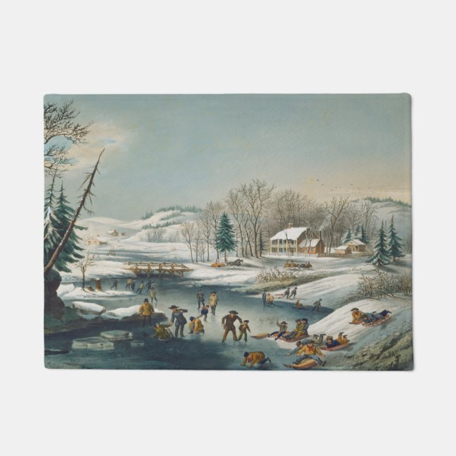 Vintage Winter Scene Ice Skating Holiday Christmas Doormat (Front)