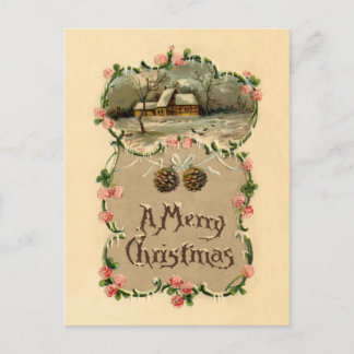 Vintage Winter Scene w/Floral Border Postcard