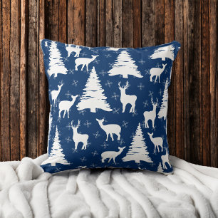 Vintage Winter Scene with Deer on Navy Background Throw Pillow