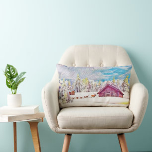 Vintage Winter Scenery Reindeer Log Cabin Painting Lumbar Pillow