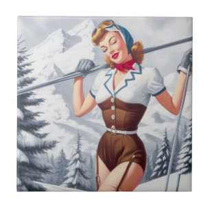 Vintage Winter Ski Pin-Up Tile