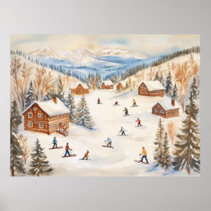 Vintage Winter Skiers Scene Poster