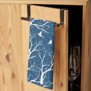 Vintage Winter Sky White Birds Snowflakes Kitchen Towel