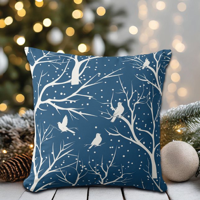 Vintage Winter Sky White Birds Snowflakes Throw Pillow (Creator Uploaded)