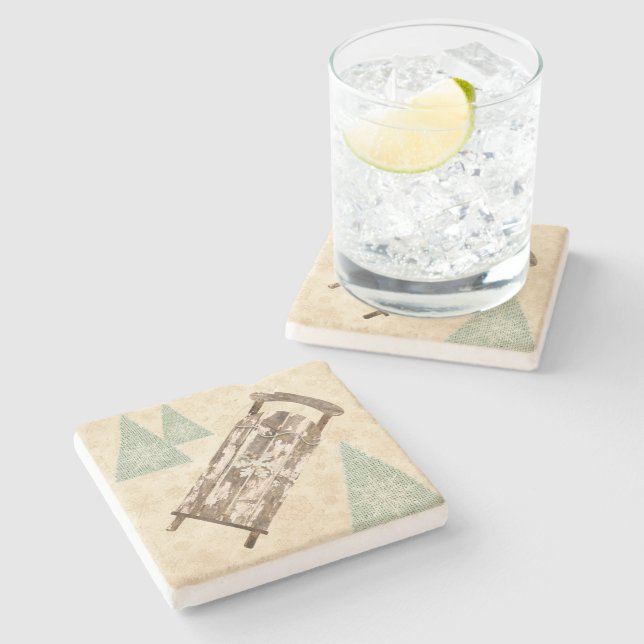 Vintage winter sled snowflakes trees rustic  stone coaster (Side)