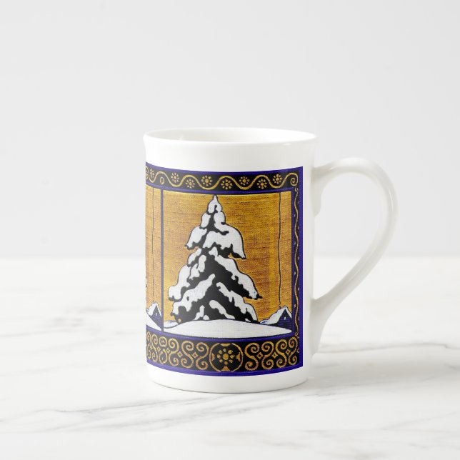 Vintage Winter Snow Evergreen Tree Bone China Mug (Right)