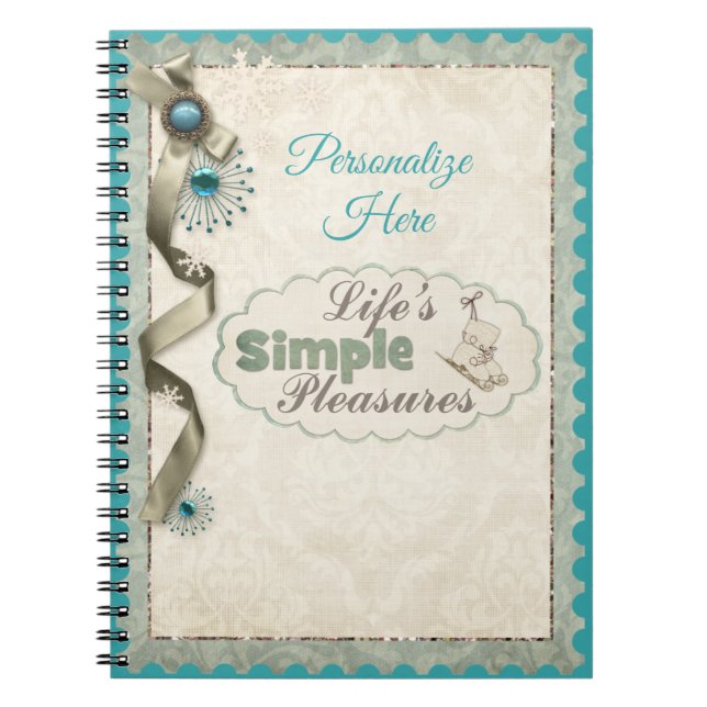Vintage Winter snowflake ribbon damask teal cream  Notebook (Front)