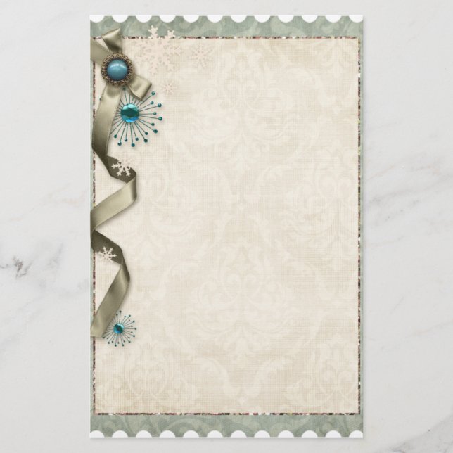 Vintage Winter snowflake ribbon damask teal cream  Stationery (Front)